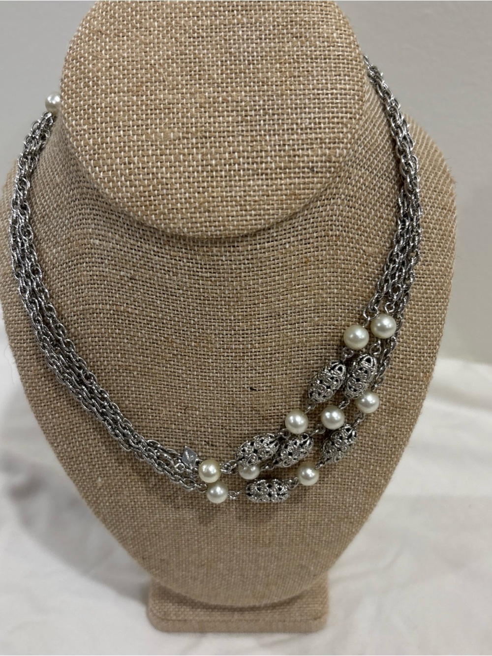 Sarah Coventry 26” Necklace Faux Pearl Filigree Beaded Adjustable Short To Long